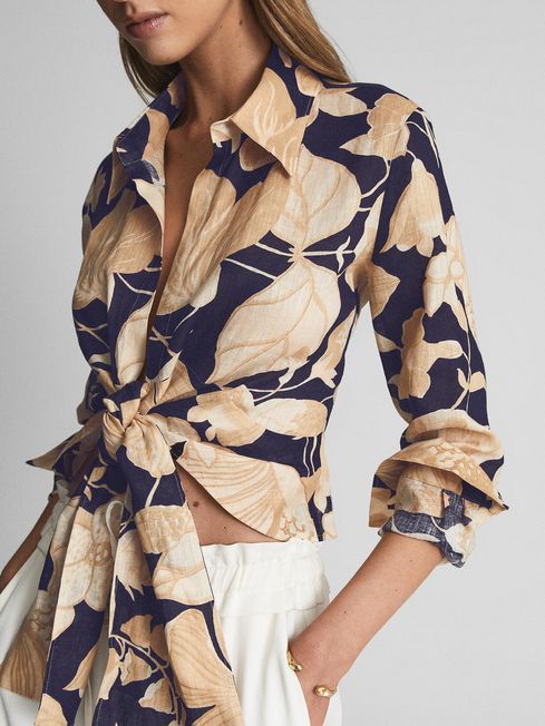 Linen Printed Tie Waist Shirt Blouse - Image 2