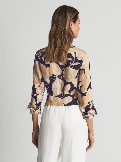 Linen Printed Tie Waist Shirt Blouse - Image 3