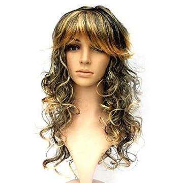 Long Curly Synthetic Black Mixed Gold Costume Party Wig
