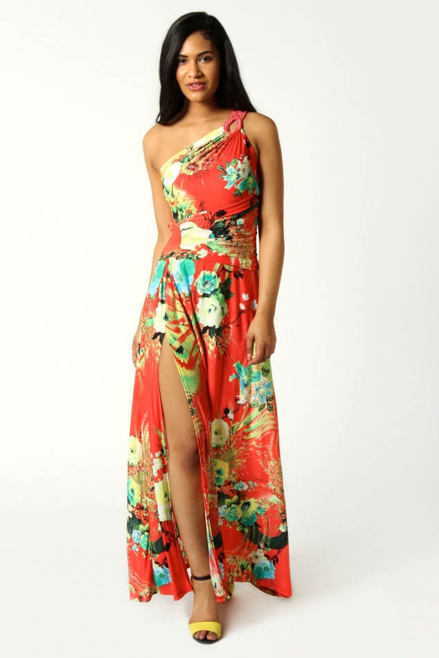 Maggie One Shoulder Printed Slinky Maxi Dress - FaveThing.com