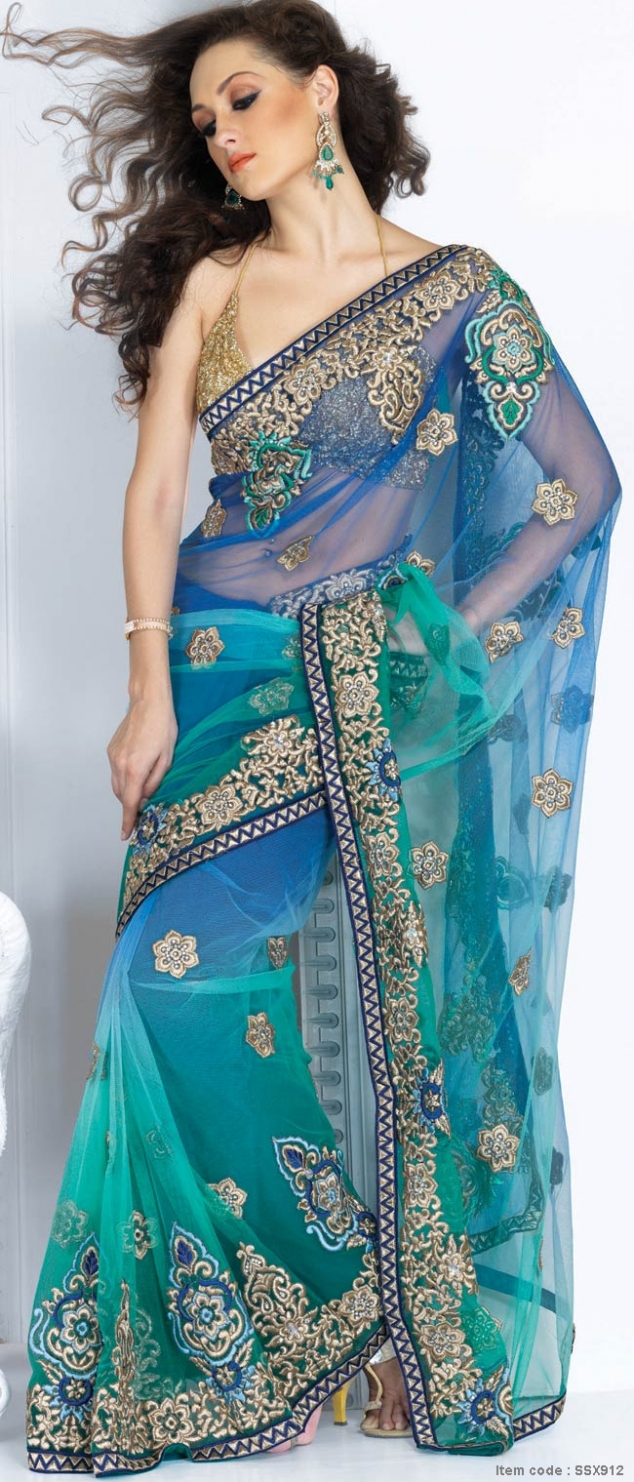 Blue Net Saree with Blouse - FaveThing.com