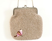 Knitted Felted Bag - Beige with embroidered pink bird