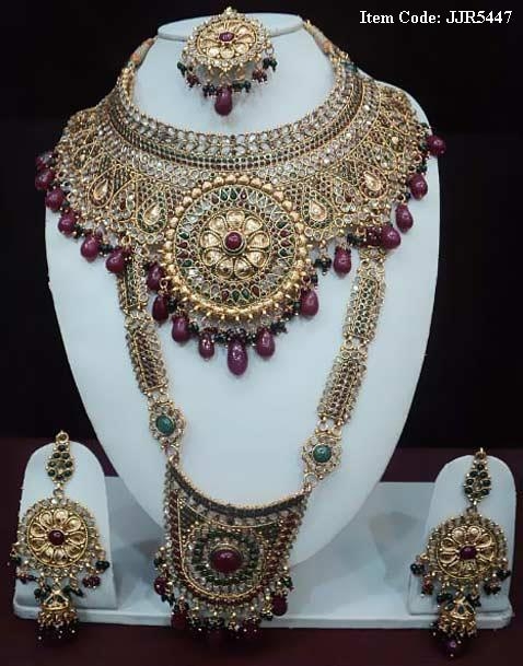 Maroon, Green and Off White Polki Studded Necklace Set