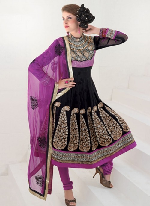  Marvelous Black & Purple Neck Embroidered Salwar Kameez