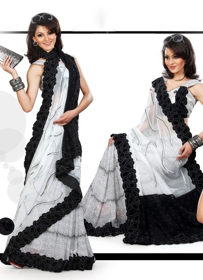 Mesmerizing Black & Off White Embroidered Saree