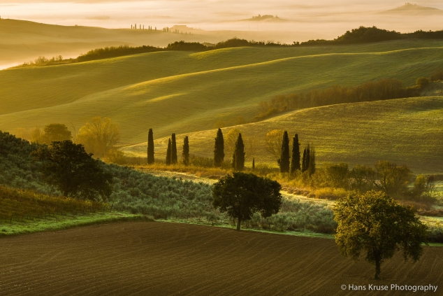Morning sun over Tuscan fields by Hans Kruse