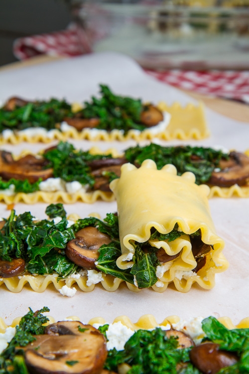 Mushroom Lasagna Roll Ups in Creamy Gorgonzola Cauliflower Sauce