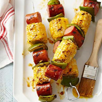 Mustardy Grilled Corn and Sausage Kabobs