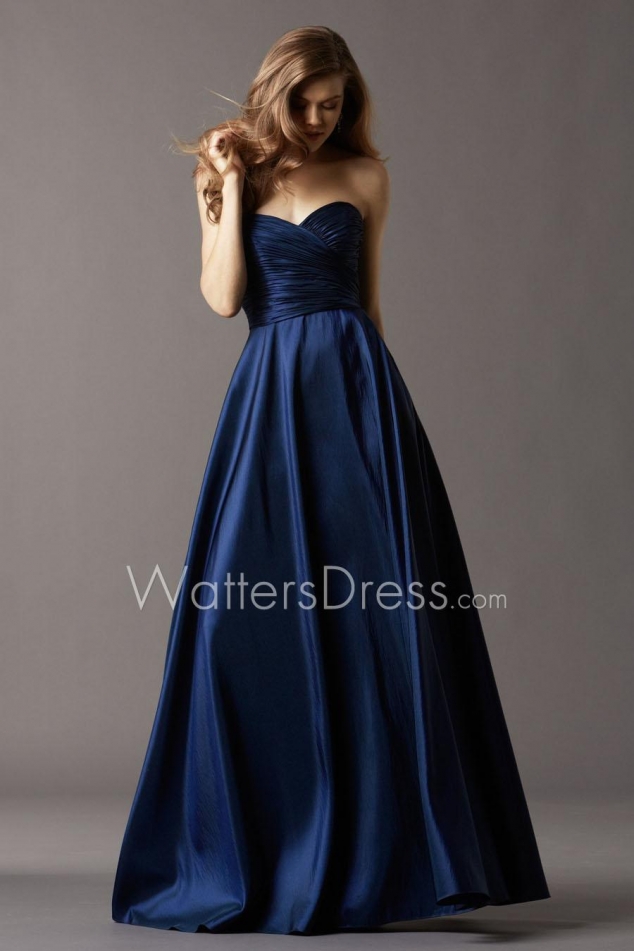 NAVY TAFFETA STRAPLESS SWEETHEART NECK DRAPED FLOOR LENGTH DESIGNER BRIDESMAID BALL GOWN