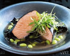 Nori-wrapped Salmon with Black Trumpet Mushrooms & Soy Beans in Miso Broth