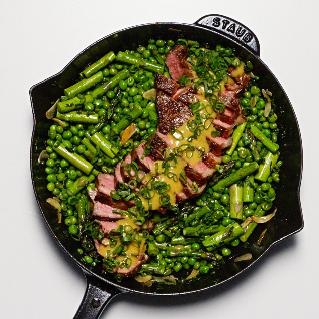 One-Skillet Steak and Spring Veg with Spicy Mustard