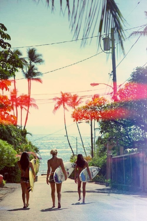 Pack of surfer girls ready to ride wild