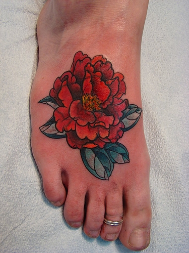 Peony foot tattoo
