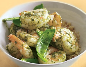 Pesto Shrimp with Snow Peas over Quinoa