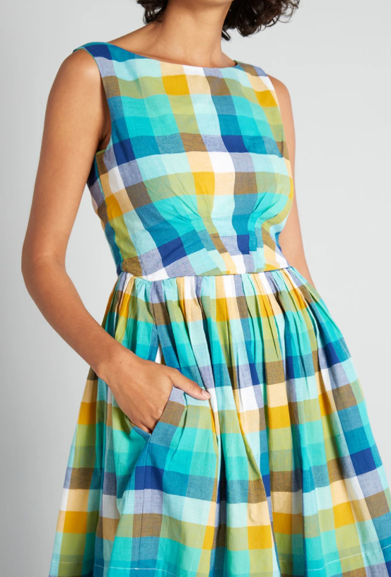 Picnics on the French Riviera Plaid A-Line Dress - Image 3