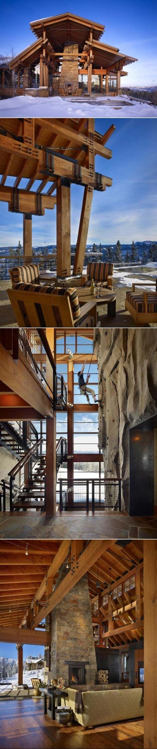 Post and beam mountain chalet with an indoor climbing wall