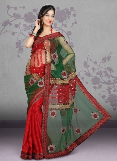 Red / Green Stylish Party Wear Saree With Nice Embroided Pallu