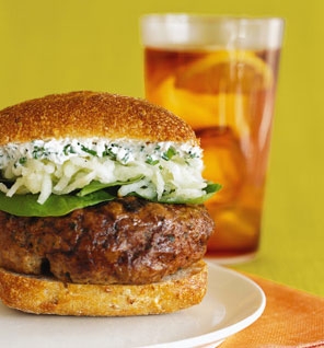 Rosemary-Sage Burgers With Apple Slaw and Chive "Mayo"