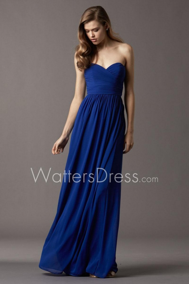ROYAL BLUE CHIFFON STRAPLESS SWEETHEART SHIRRED FLOOR-LENGTH DESIGNER BRIDESMAID DRESS