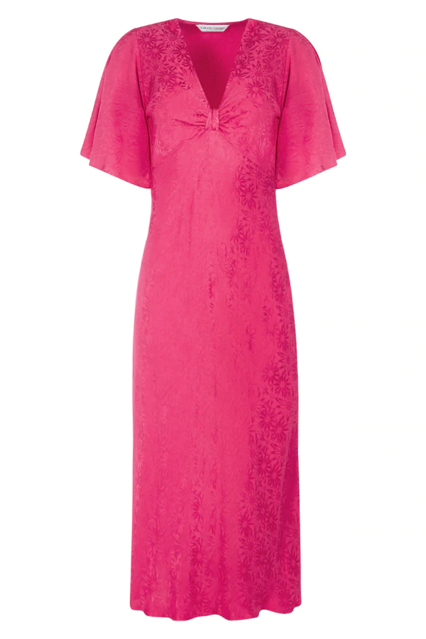 Satin Midi Dress in Pink Floral Jacquard