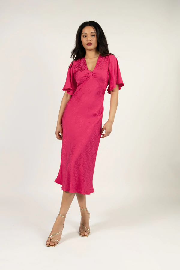 Satin Midi Dress in Pink Floral Jacquard - Image 2