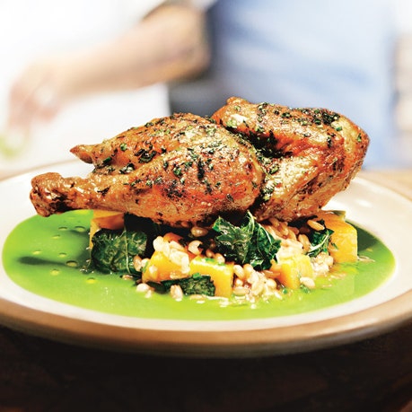 Skillet-Roasted Chicken with Farro and Herb Pistou