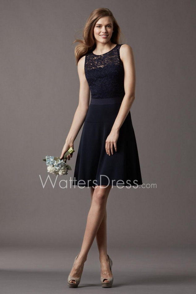 SLEEVELESS JEWEL NECK CREPE AND LACE BLACK(MIDNIGHT) SHORT DESIGNER BRIDESMAID DRESS