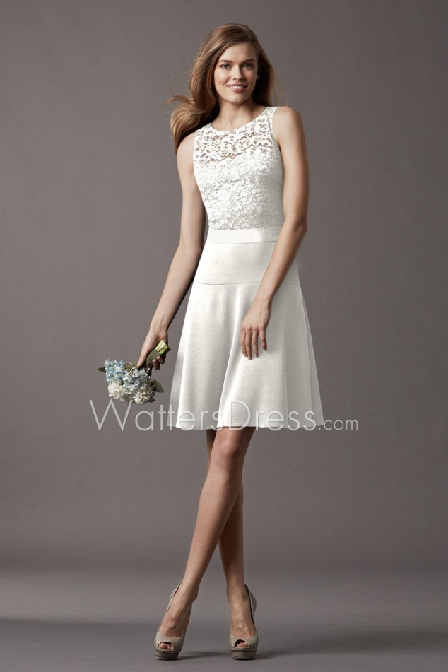 Sleeveless Lace and Satin Scalloped V-neck Knee Length Short Bridesmaid Dress