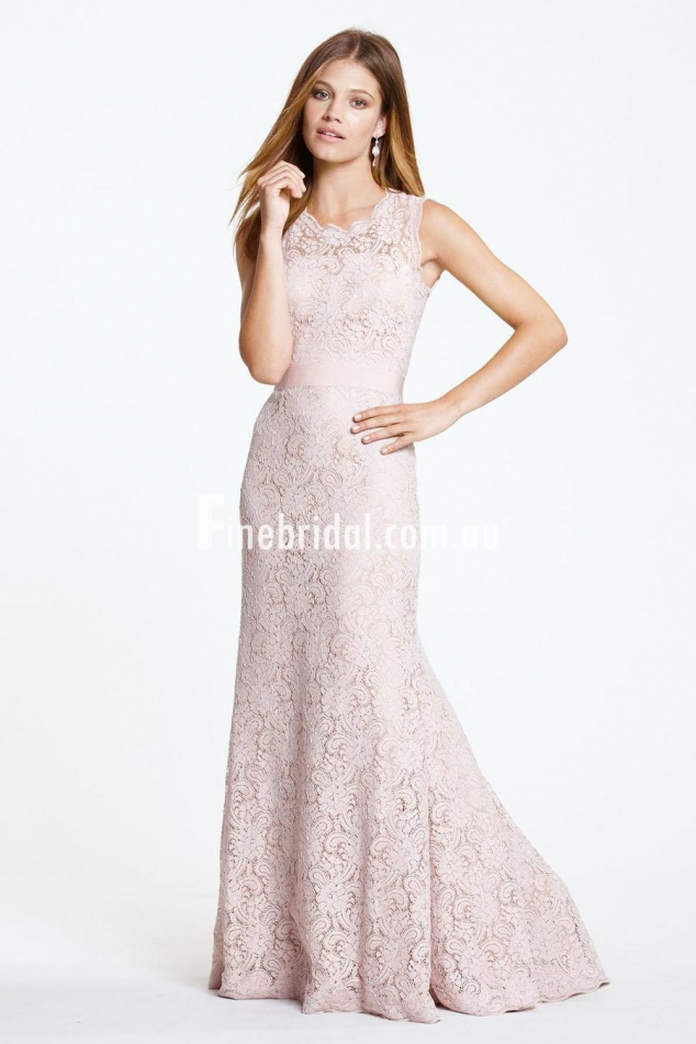 SLEEVELESS SCALLOP CREW NECK BLUSH LACE SLIM A-LINE LONG BRIDESMAID DRESS