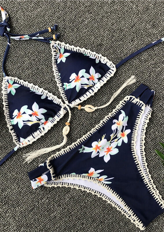 Tassel Floral Ruffled Halter Bikini Set - Image 3