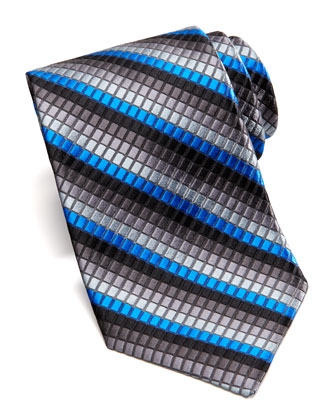 Textured Box-Stripe Silk Tie, Black Blue Silver Grey