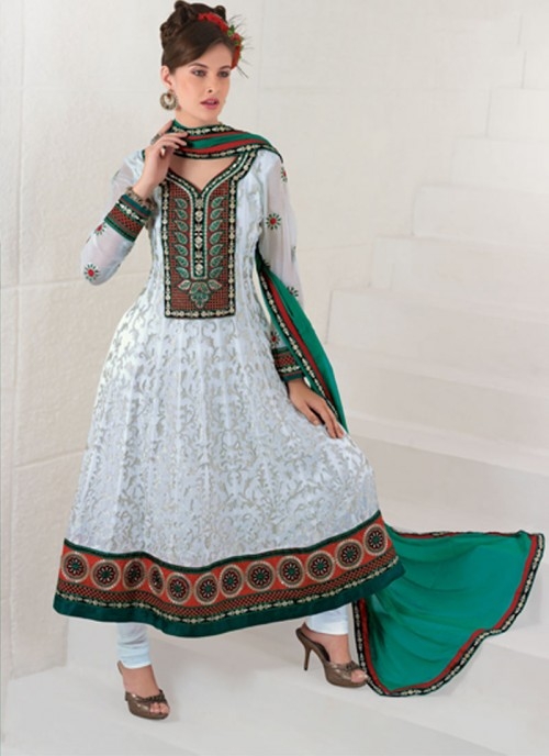  Unique Off White Embroidered Salwar Kameez With Green Dupatta